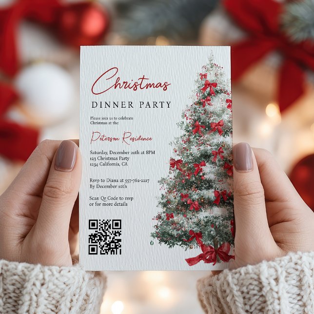 Elegant Red Bows Christmas Tree QR Code Party Invitation (Elegant Red Bows Christmas Tree QR Code Party Invitation)