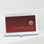 Elegant Red Brushed Gold Monogram Business Card Holder<br><div class="desc">Elegant monogram design with brushed metallic gold monogram medallion with personalized name and title or custom text below on a gradient background in shades of ruby red. Personalize for your custom use.</div>