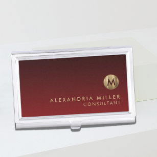 Elegant Red Brushed Gold Monogram Business Card Holder