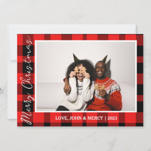 Elegant Red Buffalo Plaid Christmas Couple Photo Holiday Card