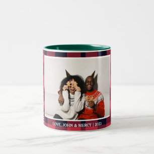 Elegant Red Buffalo Plaid Christmas Couple Photo Two-Tone Coffee Mug