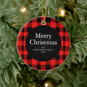 Elegant Red Buffalo Plaid Christmas Family 1 Photo Ceramic Ornament