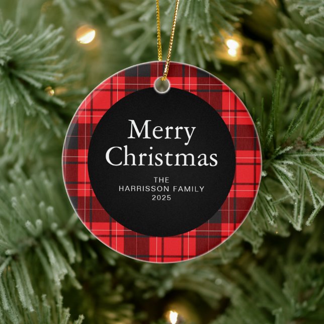 Elegant Red Buffalo Plaid Christmas Family 1 Photo Ceramic Ornament (Tree)