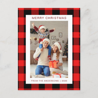Elegant Red Buffalo Plaid Christmas Family 1 Photo Holiday Postcard