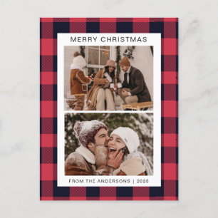 Elegant Red Buffalo Plaid Christmas Family 2 Photo Holiday Postcard