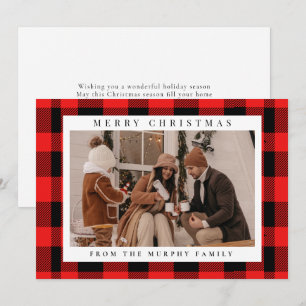 Elegant Red Buffalo Plaid Christmas Family Photo Holiday Card
