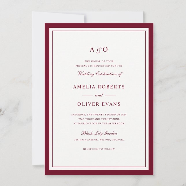 Elegant Red Burgundy Border Frame Wedding Invitation (Front)