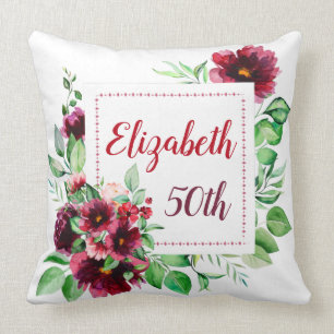 Elegant Red Burgundy Floral 50th Birthday Throw Pillow