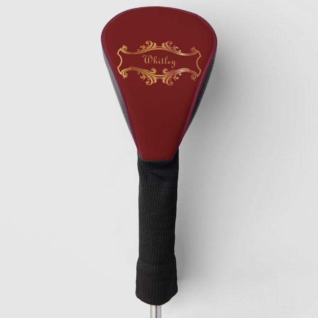 Elegant Red Burgundy Maroon Gold Personalized Chic Golf Head Cover (Front)