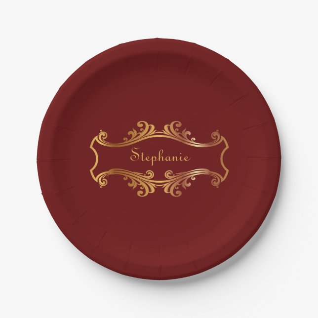 Elegant Red Burgundy Maroon Gold Personalized Chic Paper Plate (Front)