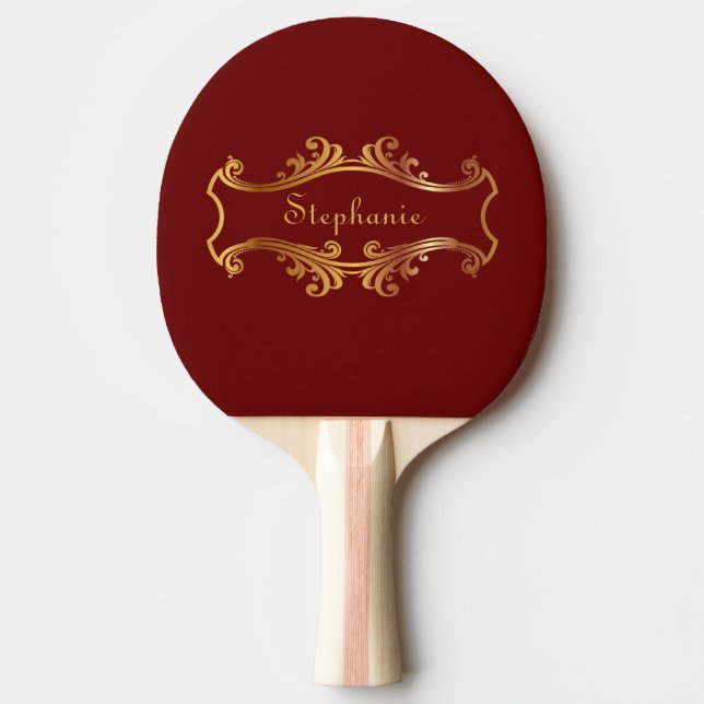 Elegant Red Burgundy Maroon Gold Personalized Chic Ping Pong Paddle (Front)