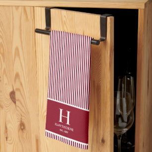 Elegant Red Burgundy Stripe Monogram Name Kitchen Towel