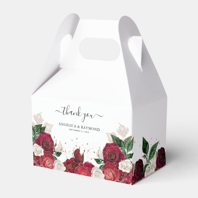 Elegant Red Burgundy & White Rose Florals Wedding Favor Box (Front Side)
