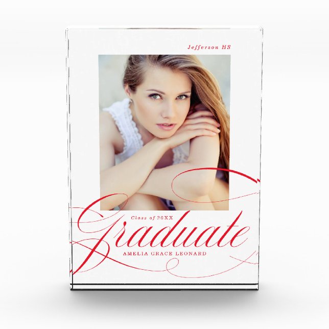Elegant Red Calligraphy Script Graduation Photo Block (Front)