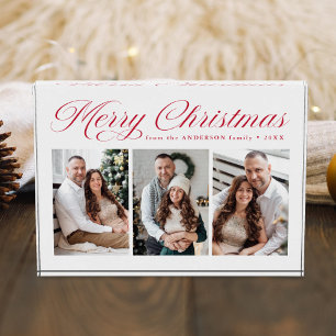 Elegant Red Calligraphy Script Merry Christmas 3 Photo Block