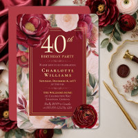 Elegant Red Camellia Floral 40th Birthday Gold