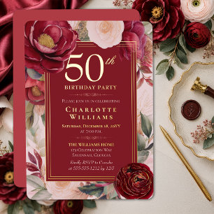Elegant Red Camellia Floral 50th Birthday Gold