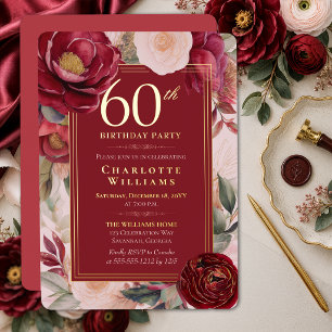 Elegant Red Camellia Floral 60th Birthday Gold