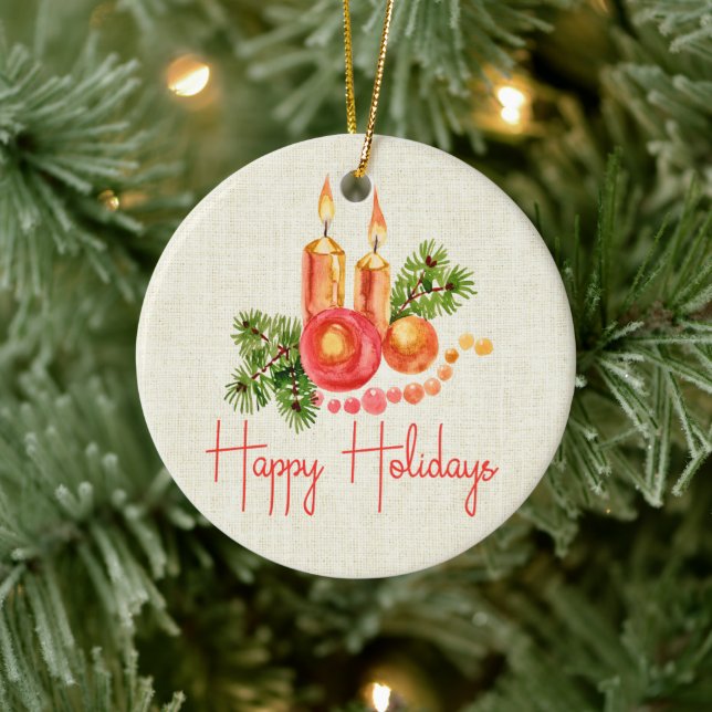 Elegant Red Candles Holly Leaves Happy Holidays Ceramic Ornament (Tree)