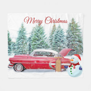 Elegant, Red Car, Snowman, Christmas Fleece Blanket
