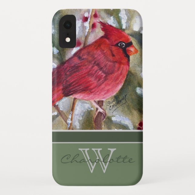 Elegant Red Cardinal w Green Monogram Name Case-Mate iPhone Case (Back)