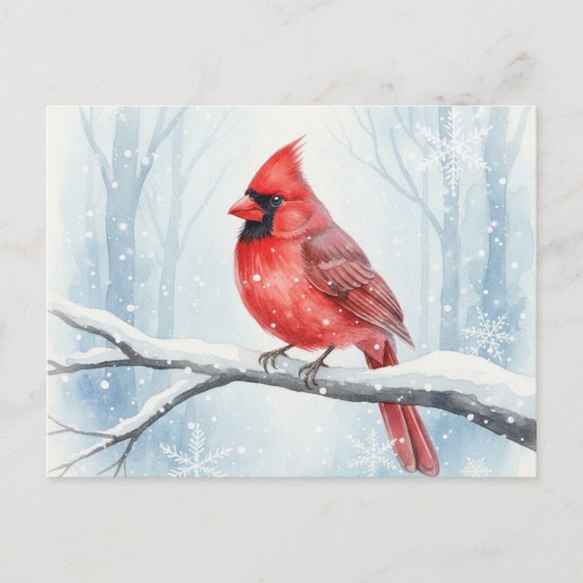 Elegant Red Cardinal Watercolor Winter Snow Postcard (Front)