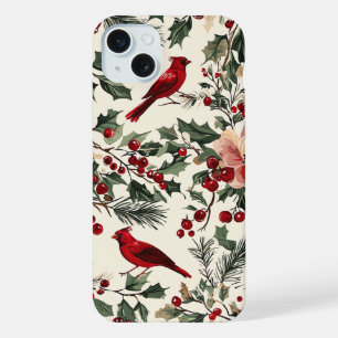 Elegant Red Cardinal Winter Botanical Cream iPhone 15 Plus Case