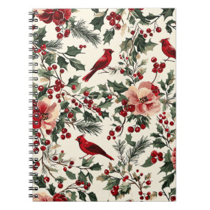 Elegant Red Cardinal Winter Botanical Cream Notebook
