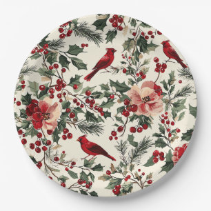Elegant Red Cardinal Winter Botanical Cream Paper Plate