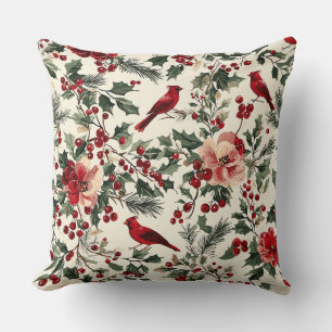 Elegant Red Cardinal Winter Botanical Cream Throw Pillow