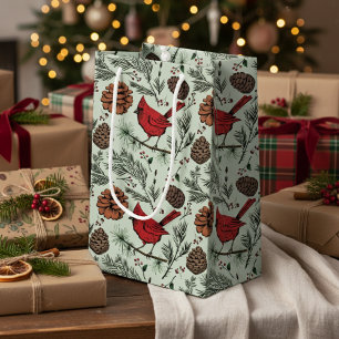 Elegant Red Cardinal Winter Sage Green Small Gift Bag