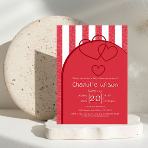 Elegant Red Chalk Stripe Triple Hearts Baby Shower Invitation