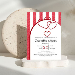 Elegant Red Chalk Stripe Triple Hearts Baby Shower Invitation