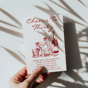 Elegant Red Cheers to Thirty Cocktail Birthday Invitation