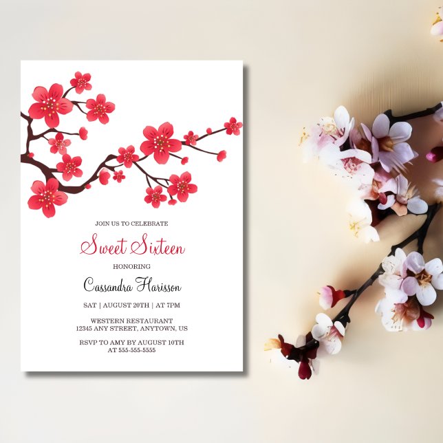 Elegant Red Cherry Blossom Sakura Floral Birthday Invitation (Creator Uploaded)