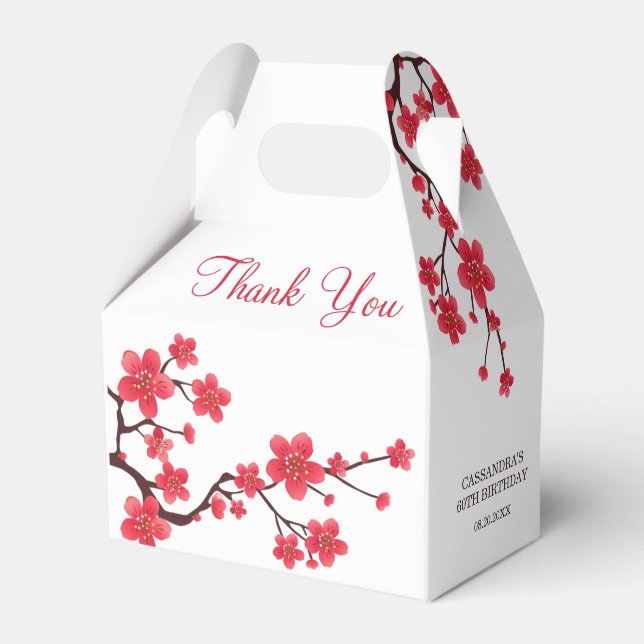 Elegant Red Cherry Blossom Sakura Floral Thank You Favor Box (Front Side)
