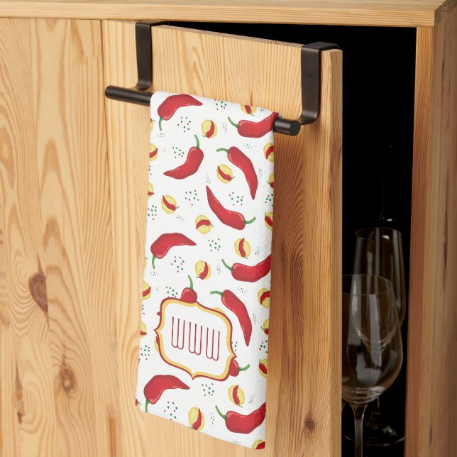 Elegant Red Chile Pattern Kitchen Towel (Thirds Fold)