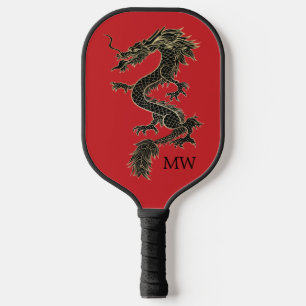 Elegant Red Chinese Gold Dragon Monogram  Pickleball Paddle