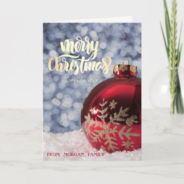 Elegant Red Christmas Ball, Snow,Bokeh Holiday Card (Front)