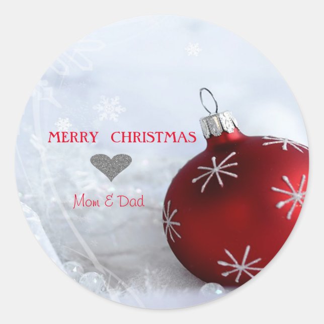 Elegant Red Christmas Ball Snowflakes Classic Round Sticker (Front)