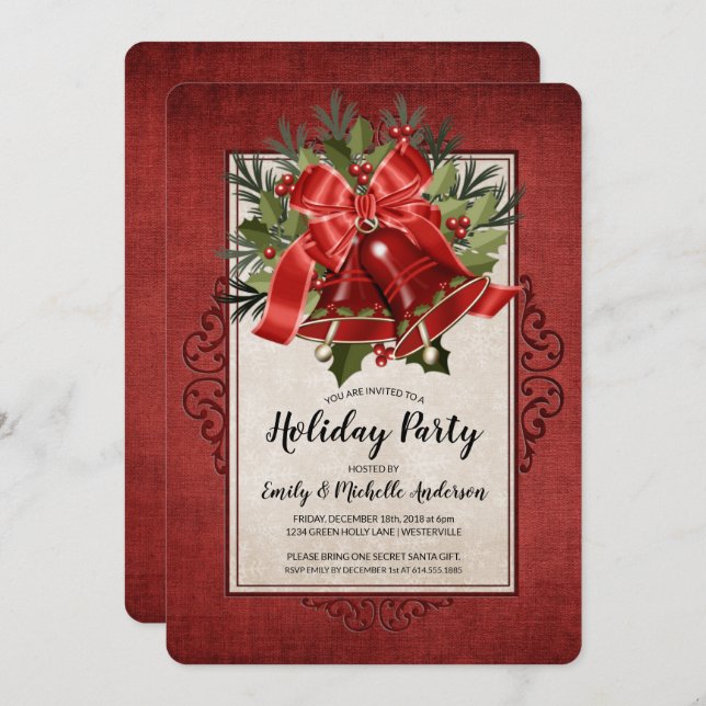 Elegant Red Christmas Bells Holiday Party Invitation (Front/Back)