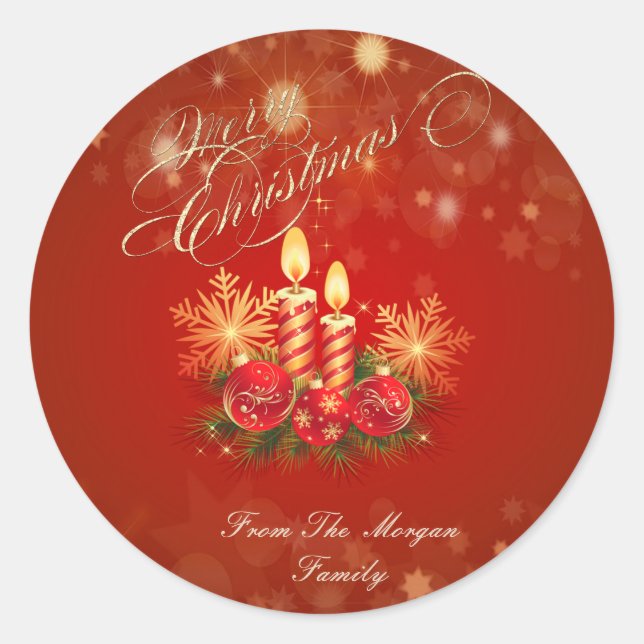 Elegant Red  Christmas Candles, Balls ,Snowflakes Classic Round Sticker (Front)