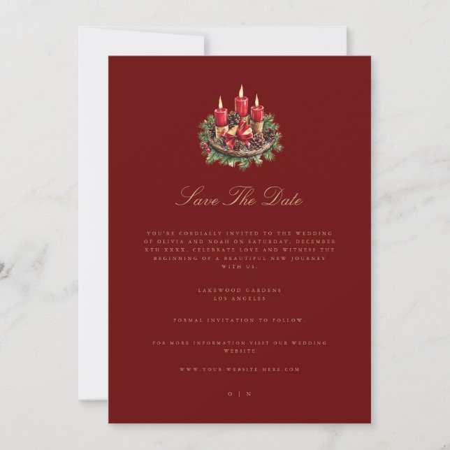 Elegant Red Christmas Decor Save The Date Card (Front)