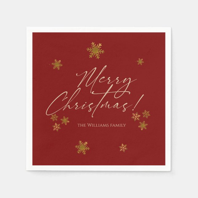 Elegant Red Christmas Gold Snowflakes Napkin (Front)