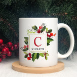 Elegant Red Christmas Greenery Monogram Coffee Mug<br><div class="desc">A beautiful Christmas floral watercolor design with greenery leaves and red berries frames your elegant custom monogram initial and name that can be personalized.</div>