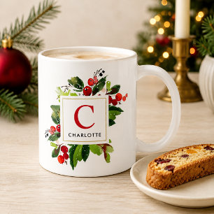 Elegant Red Christmas Greenery Monogram Coffee Mug