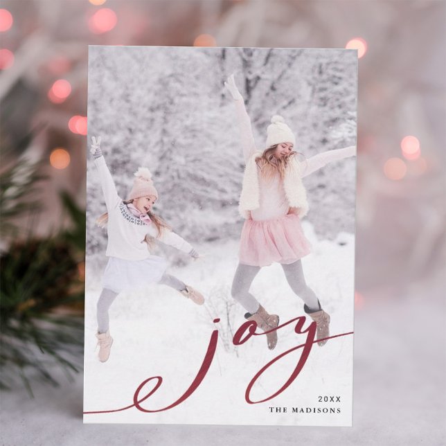 Elegant Red Christmas Joy Minimalist Photo Holiday Card (Creator Uploaded)
