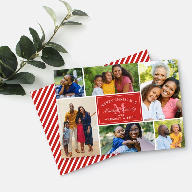 Elegant Red Christmas Monogram Photo Collage Holiday Card (Creator Uploaded)