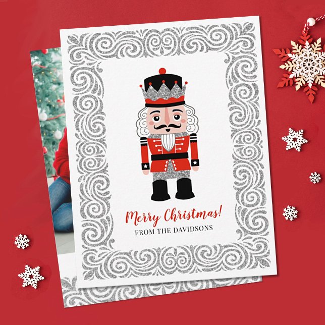 Elegant Red Christmas Nutcracker Holiday Card (An elegant family Christmas card featuring a nutcracker on the front and your photo on the back.)