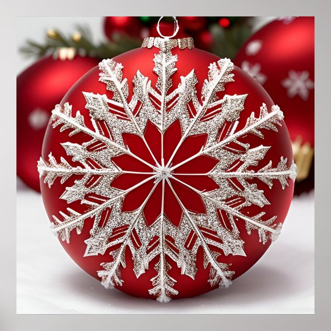 Elegant Red Christmas Ornament with Snowflake Poster (Front)